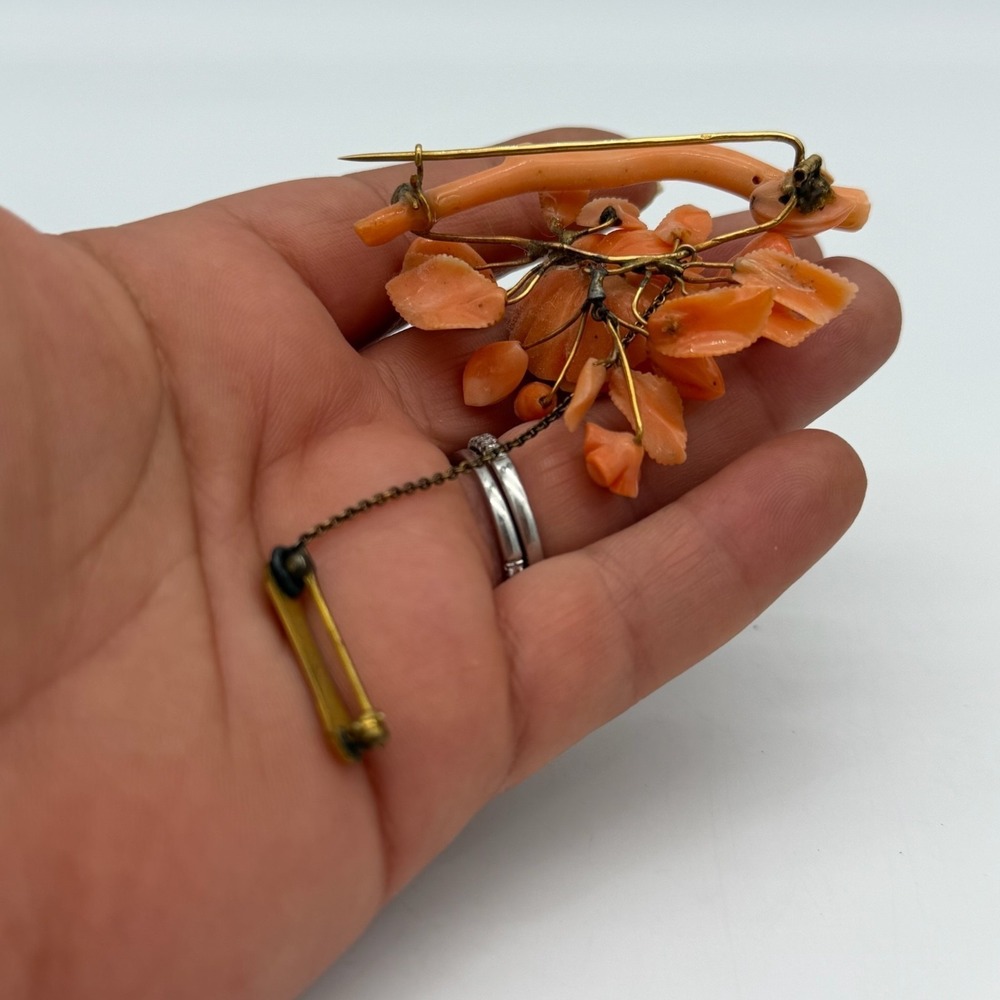 Antique Victorian Gold Angel Skin Coral Floral Bouquet Brooch C Clasp Dangle - Picture 15 of 16